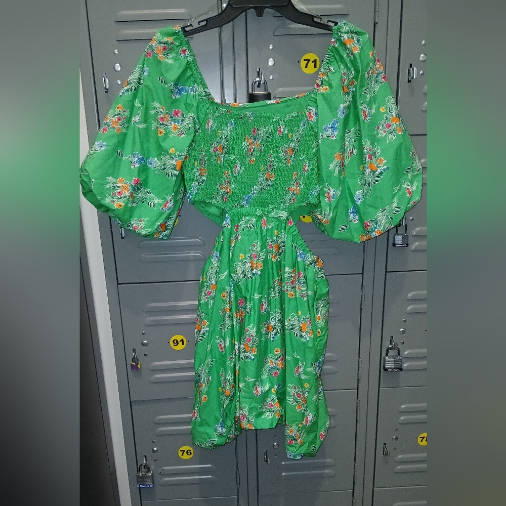 A New Day Puff Short Sleeve Cut Out Bubble A-Line Dress Green Floral SZ M - Picture 4 of 5